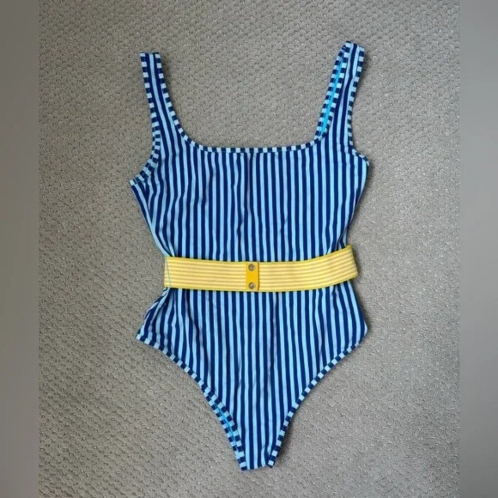 Diane Von Furstenberg Belted One Piece Swimsuit Blue Stripe Yellow Belt Size M - Picture 2 of 11